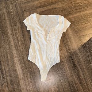 Free People Deep Conversations White Plunge Neck Bodysuit Size S